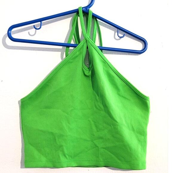 Zara Halter Crop Top + Knit Jacquard High Waisted Mini Skirt Neon Green Small - Picture 4 of 13